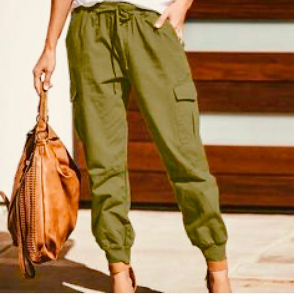 Gabby Isabella Women’s Khaki Green Drawstring Cargo Pocket Jogger Pants SMALL